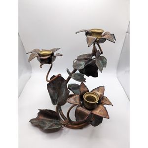 3 Tiered Copper Leaf and Flower Hand Forged Candle Holder 9"